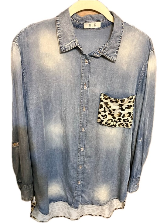 B. B Tops - Casual Denim Shirt with Leopard Accents